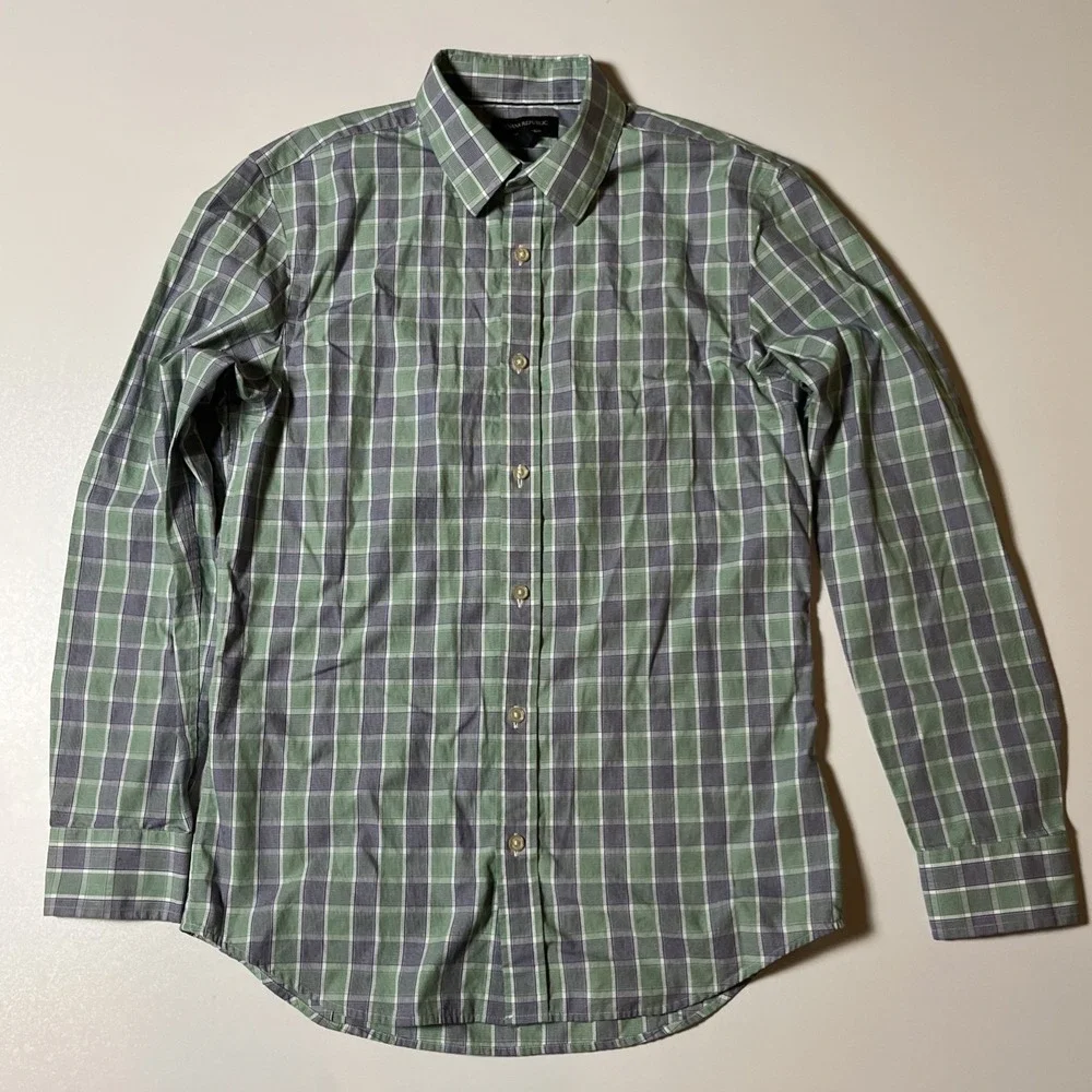 Banana Republic Non-Iron Tailored Slim Shirt Size M Blue & Green Plaid Button Up